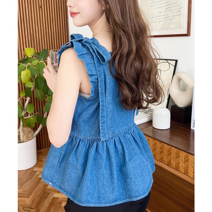 ライトオンスデニムショルダーリボンペプラムデニムブラウス | moment+ | 詳細画像8 