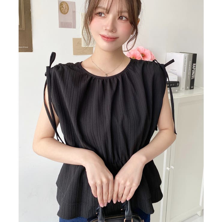 ドビーストライブ前後2WAYショルダーシャーリングリボンペプラムブラウス | moment+ | 詳細画像13 