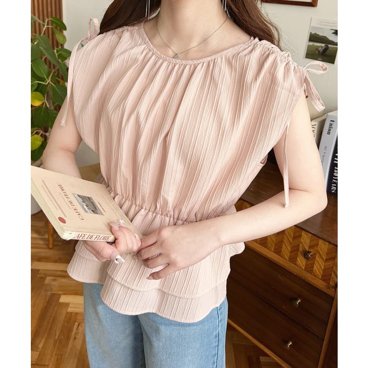 ドビーストライブ前後2WAYショルダーシャーリングリボンペプラムブラウス | moment+ | 詳細画像10 