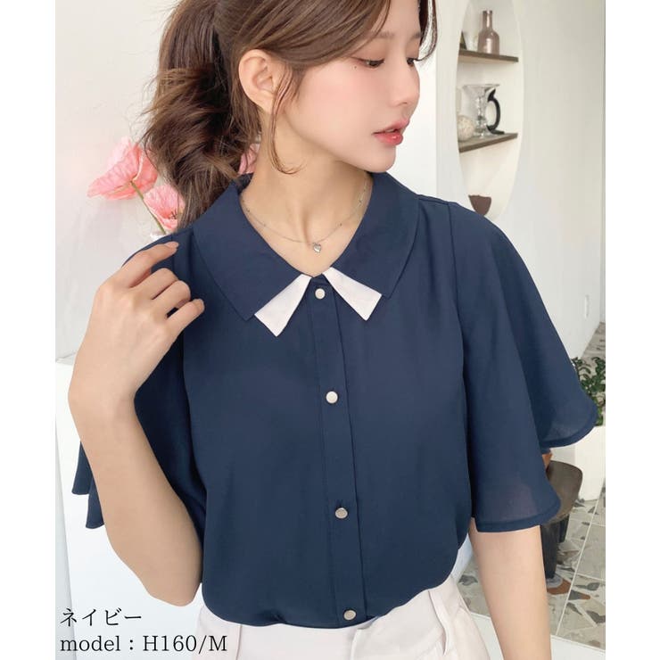 シフォンジョーゼットフレアスリーブ配色ダブルカラー半袖ブラウス