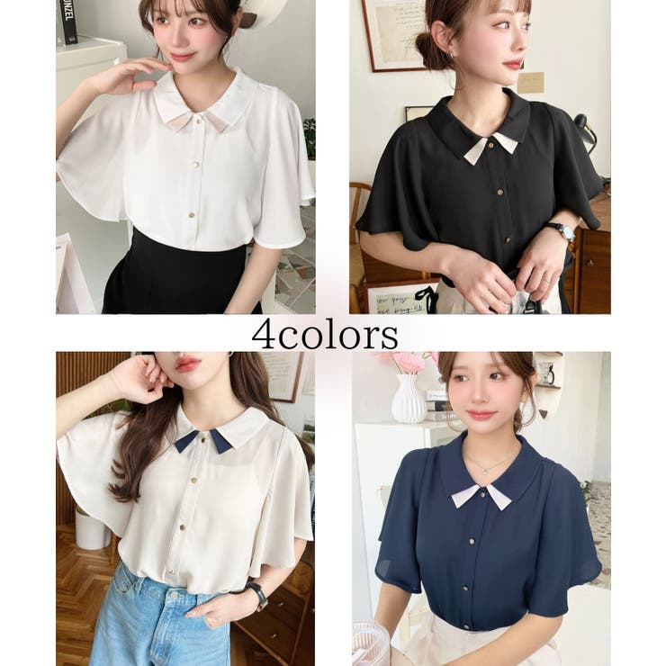 シフォンジョーゼットフレアスリーブ配色ダブルカラー半袖ブラウス