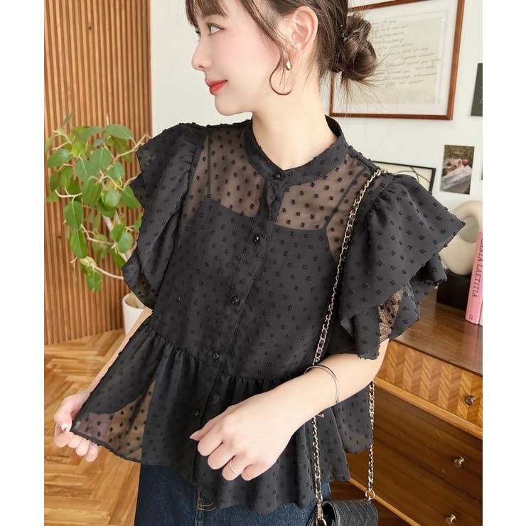 新品☆SONO ドット ティアード ペプラムブラウス フリル 半袖 ネイビー 新品☆SONO ドット ティアード ペプラムブラウス フリル 半袖