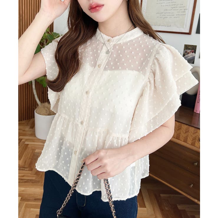 ナチュラル | ファンシードット半袖ダブルバルーンスリーブペプラムブラウス | moment+