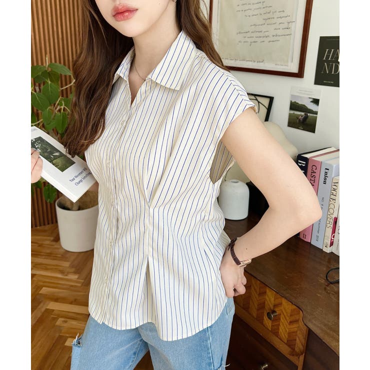 イエロー | スキッパーフレンチスリーブウエストタックシャツ | moment+