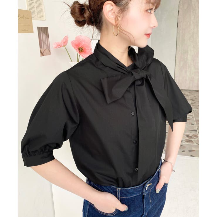 ブラック | TCブロードボリュームスリーブアレンジボウタイ半袖ブラウス | moment+