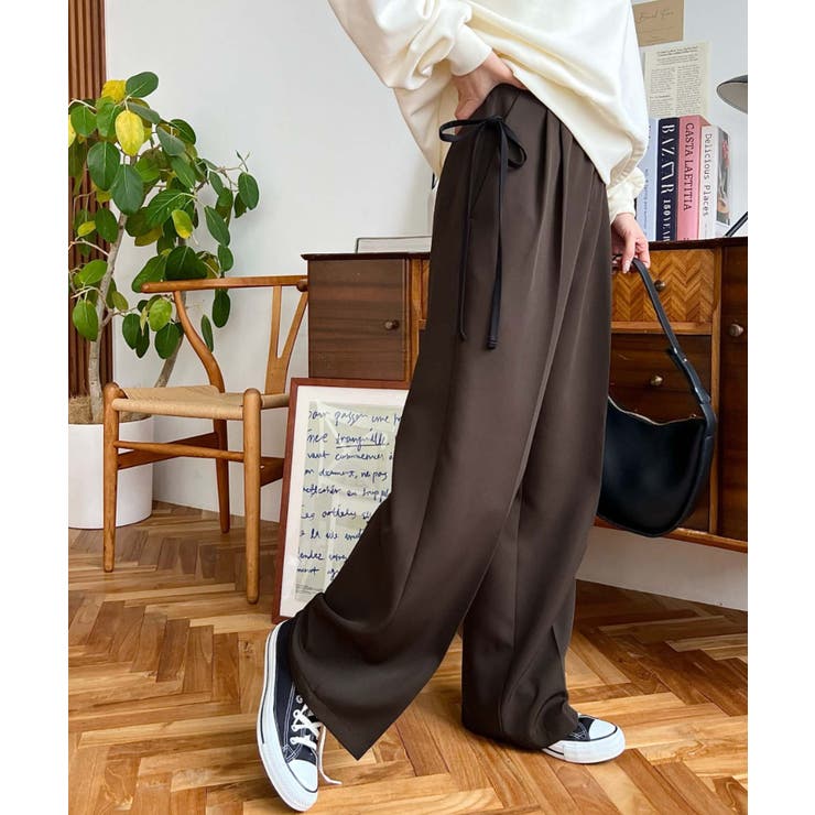 カットジョーゼットサイドリボンツータックスラックスパンツ