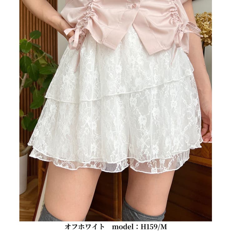 アシンメトリーティアードフラワーカットレースショートパンツ