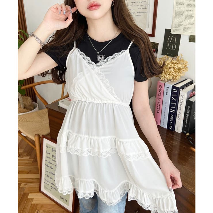 オフホワイト | レースフリルキャミミニワンピース | moment+