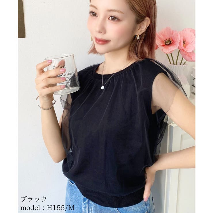 ブラック | チュールレイヤードフレンチスリーブニットプルオーバー | moment+