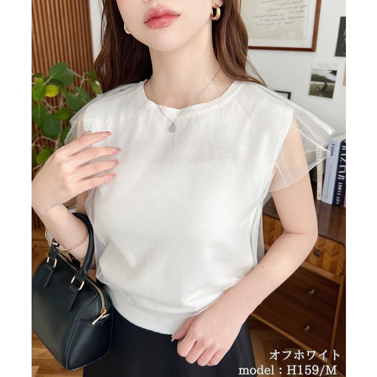 オフホワイト | チュールレイヤードフレンチスリーブニットプルオーバー | moment+