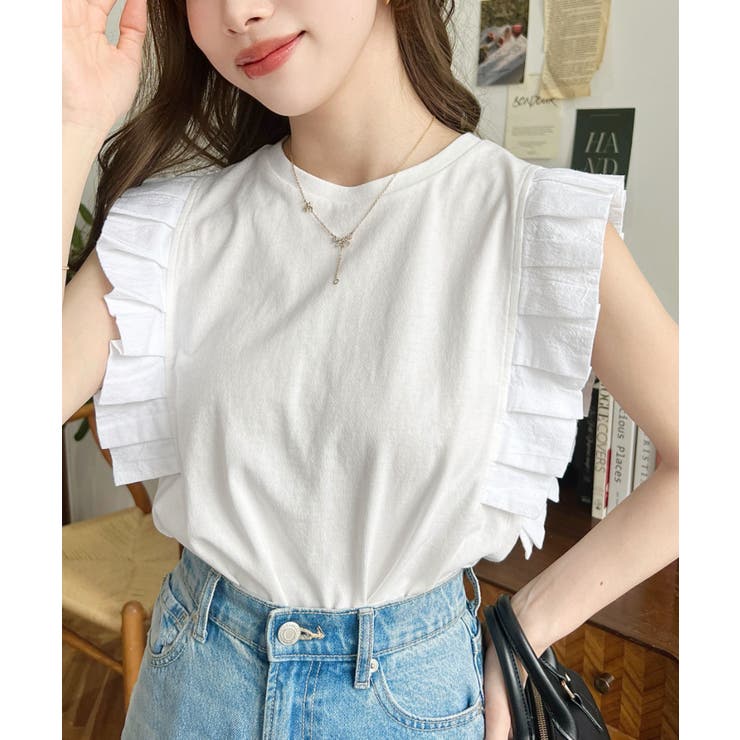 綿100％天竺.タックフリルノースリーブTシャツ[品番