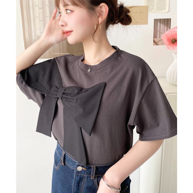 チャコールグレー | 綿100%BIGリボンディテールカットソー | moment+