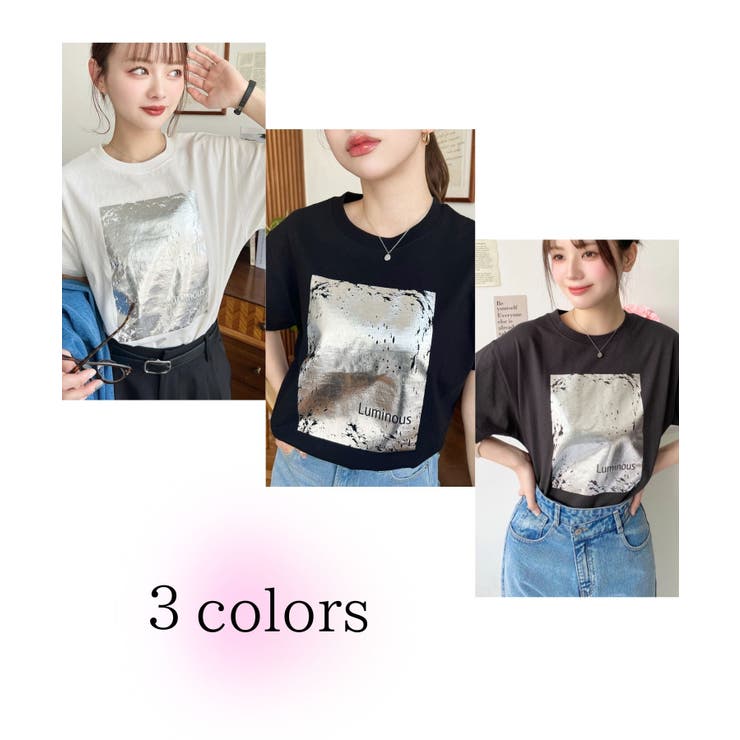 SINASUIEN 半袖刺繍ブラウス　箔プリント ヴィンテージライク箔プリント半袖Tシャツ[品番：ERMW0000199