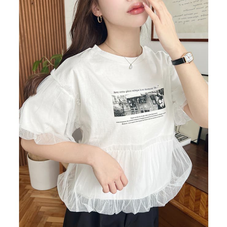 フロントロゴ刺繍バックビッグリボン半袖Tシャツ[品番