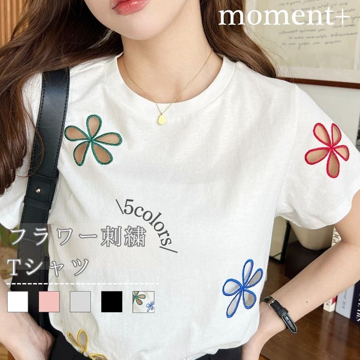 フラワー刺繍半袖Tシャツ | moment+ | 詳細画像1 
