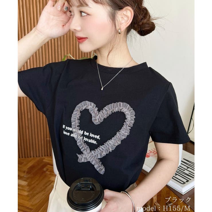 チュールハート刺繍半袖Tシャツ[品番：ERMW0000204]｜moment+