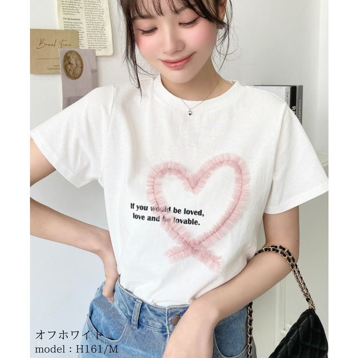 チュールハート刺繍半袖Tシャツ[品番：ERMW0000204]｜moment+