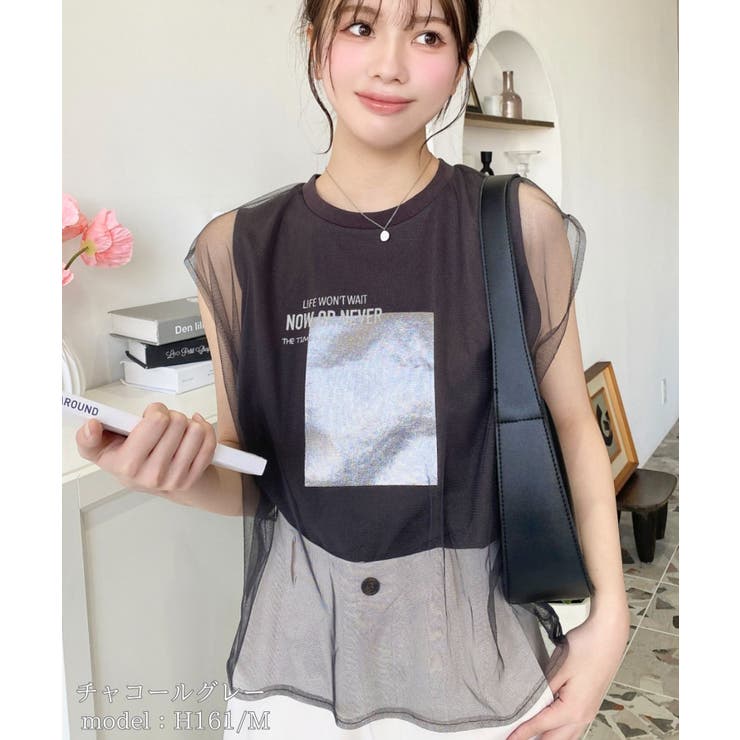 tシャツ ソフトチュール×箔プリント　２WAYレイヤードT レディース RESPEC tシャツ ソフトチュール×箔プリント 2WAYレイヤードT