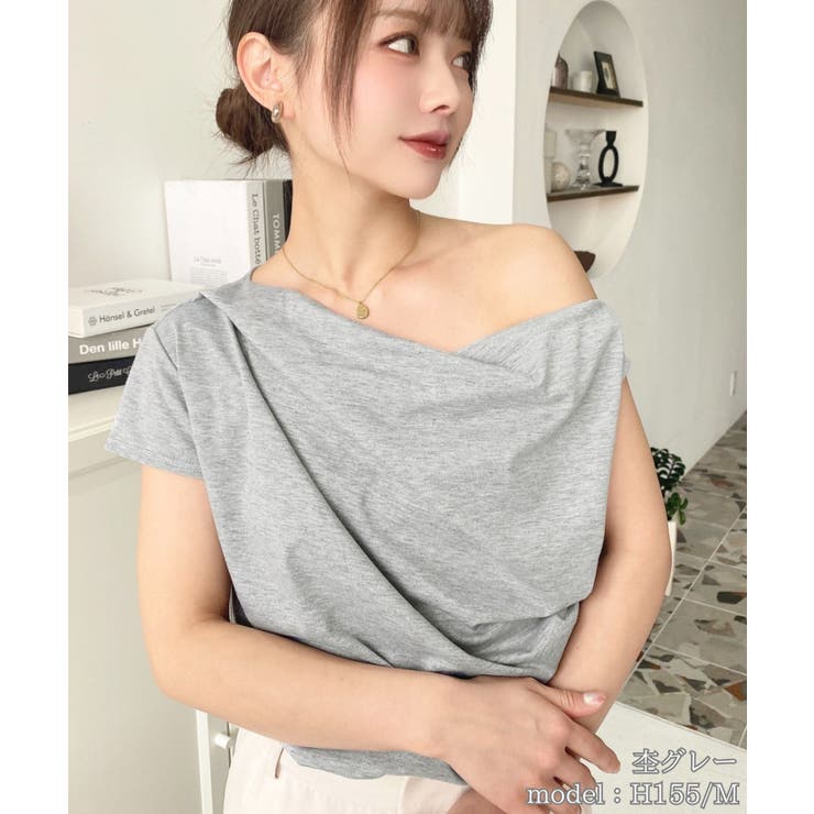 杢グレー | フレンチスリーブワンショルドレープカットソー | moment+