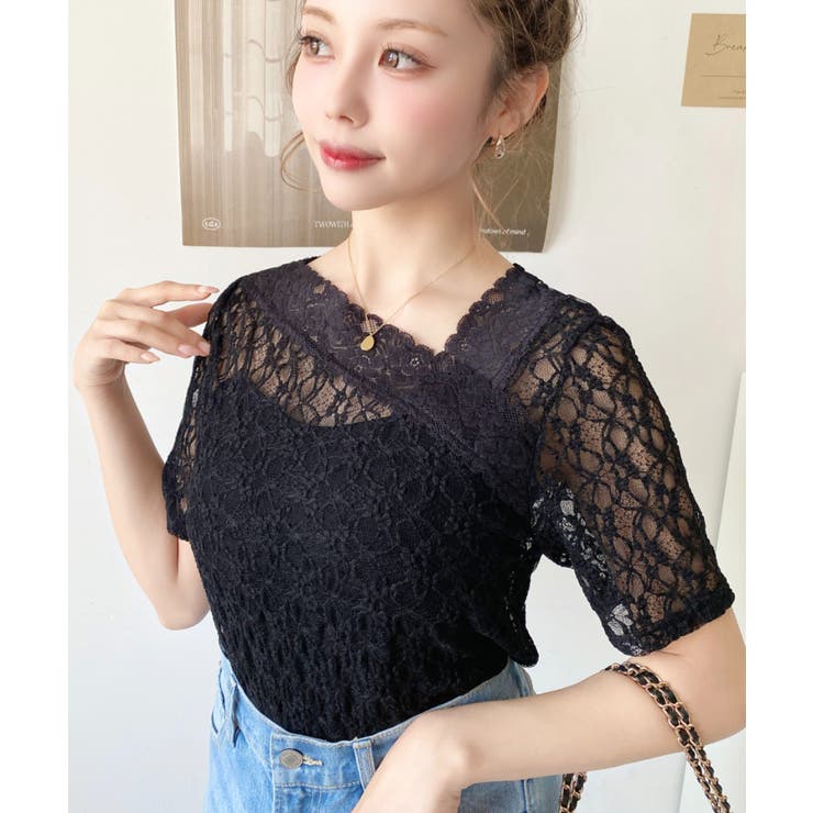 アシンメトリーネックストレッチレース半袖カットソー[品番