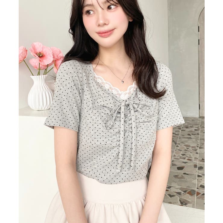 グレー系その他 | ドットプリントフロントレースギャザーリボントップス | moment+