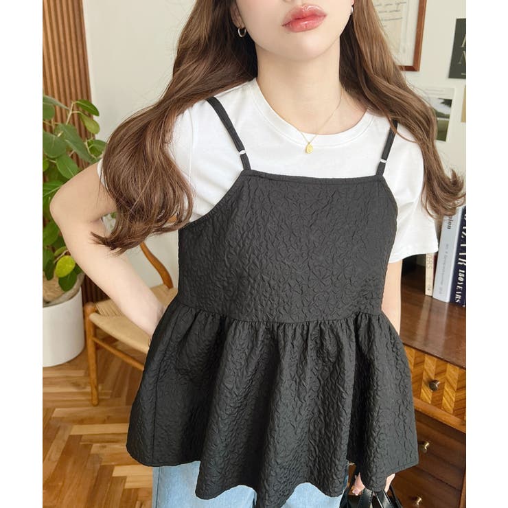 前後2WAYエンボスふくれフラワージャガードダブルリボンペプラム