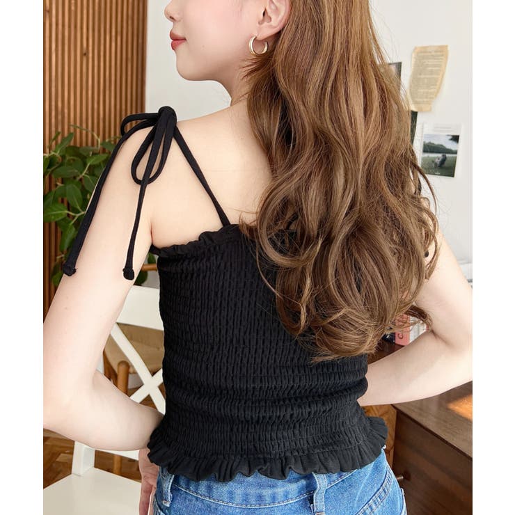 綿100％フライスカップ付きショルダーリボンシャーリングキャミソール | moment+ | 詳細画像10 