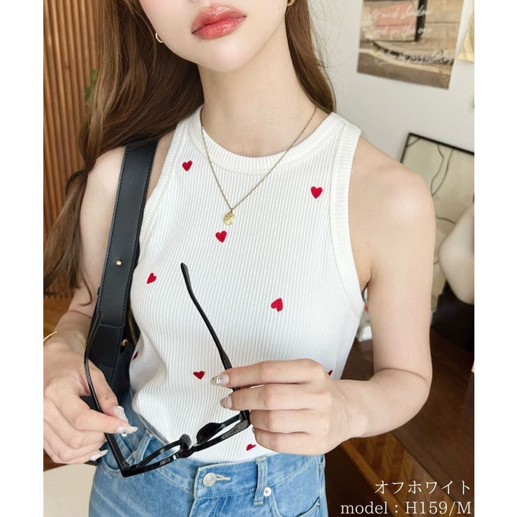 ち*ー様 mila schön ホワイトタンクトップ T/Cカットテレコリブハート刺繍アメスリタンクトップ[品番