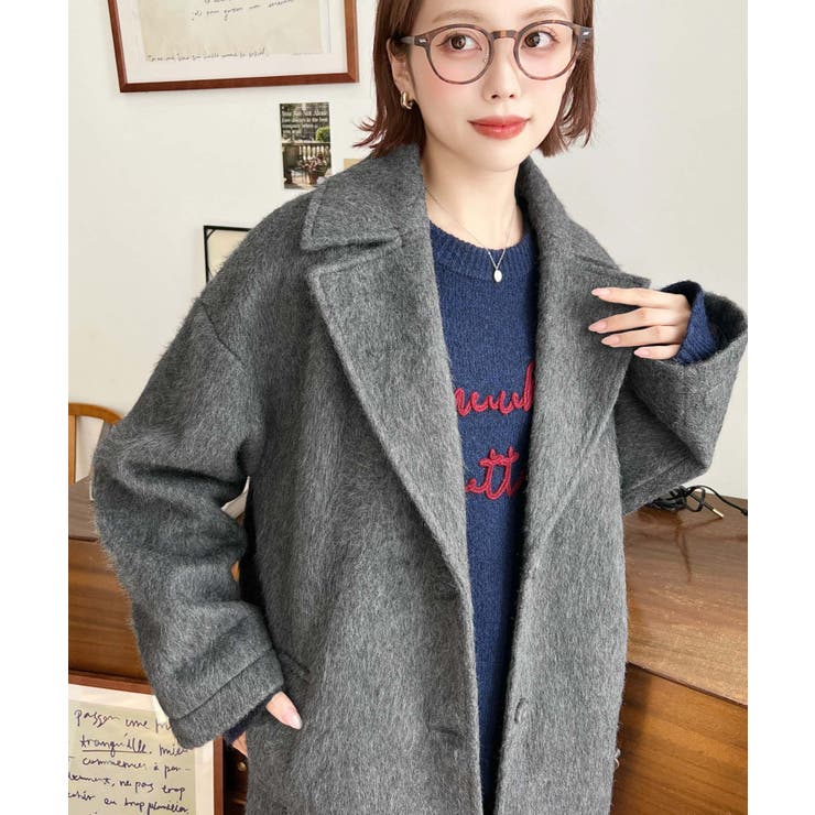 美品★FOXEY★ゆったりオーバーサイズ★ふんわりモヘアシャギーコート★ Oggi掲載》シャギーウール混 テーラードコート（チェスターコート