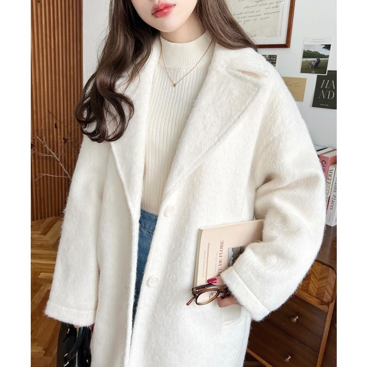 アイボリー | ロングチェスターシャギーコート | moment+