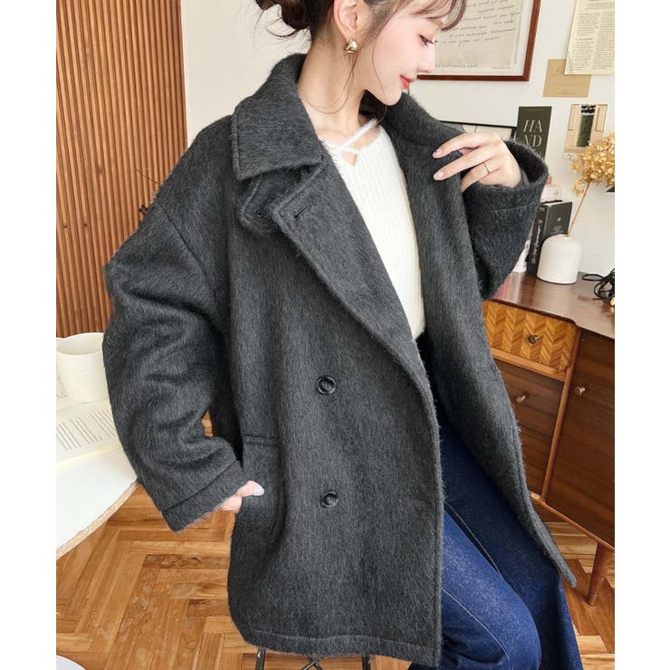 2WAYアレンジカラーミドル丈ニットシャギーPコートジャケット[品番