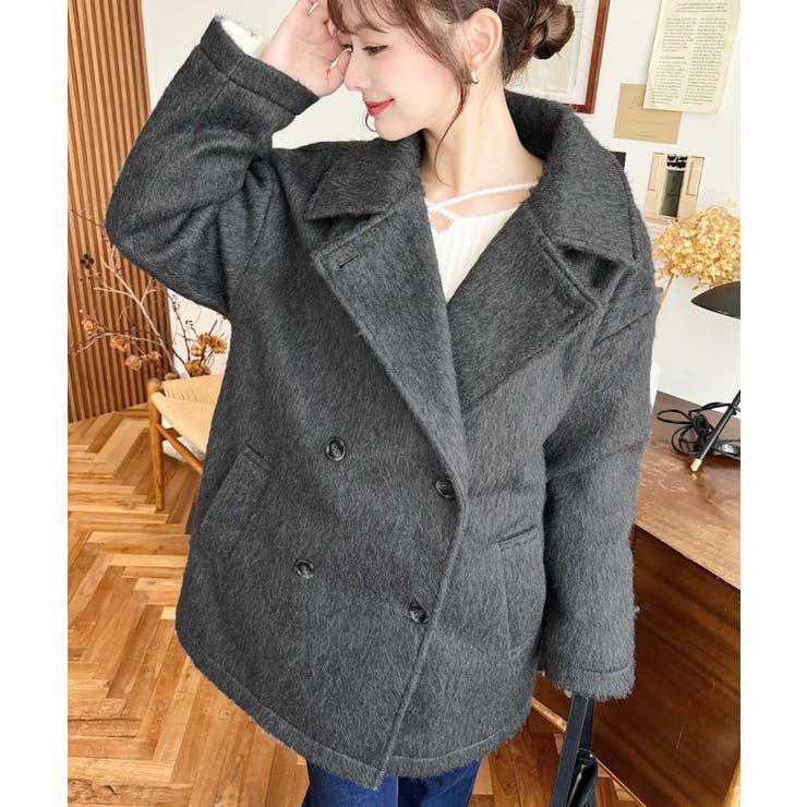 2WAYアレンジカラーミドル丈ニットシャギーPコートジャケット[品番