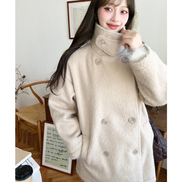 2WAYアレンジカラーミドル丈ニットシャギーPコートジャケット[品番