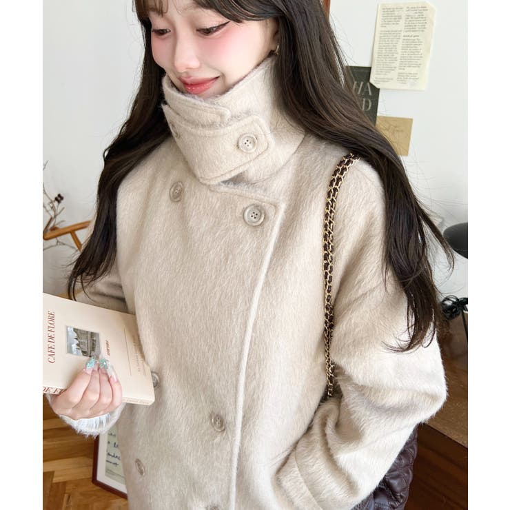 2WAYアレンジカラーミドル丈ニットシャギーPコートジャケット[品番