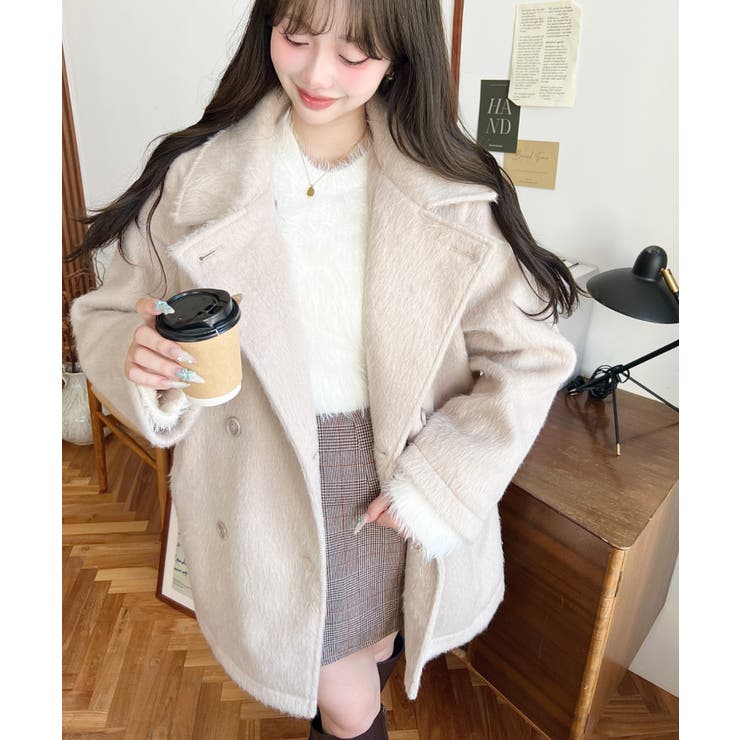 2WAYアレンジカラーミドル丈ニットシャギーPコートジャケット[品番