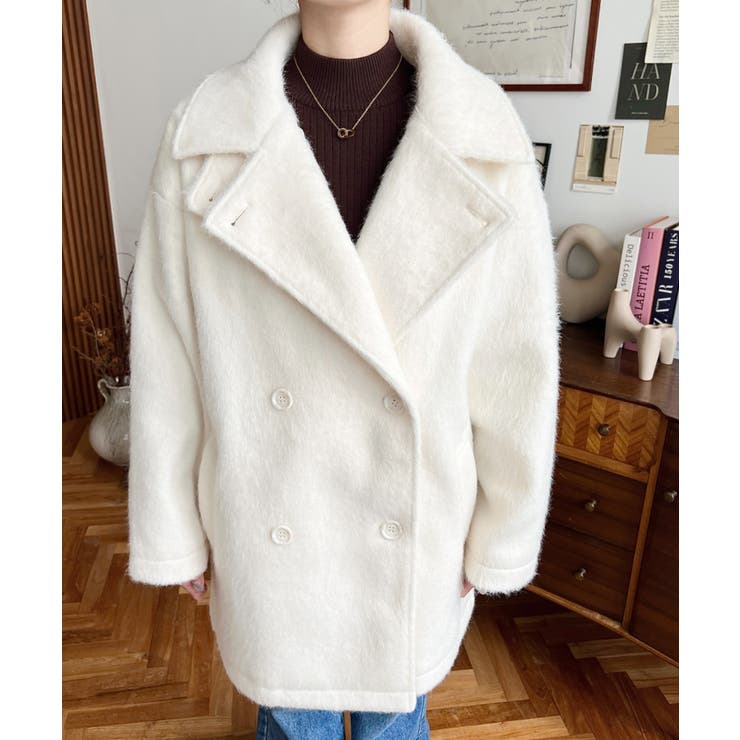 美品 ⭐︎ The Barnnet ウール　シャギーコート　ホワイト セール】ニットシャギーロングチェスターコート(シャギーコート