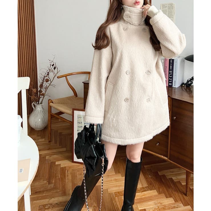 2WAYアレンジカラーミドル丈ニットシャギーPコートジャケット[品番