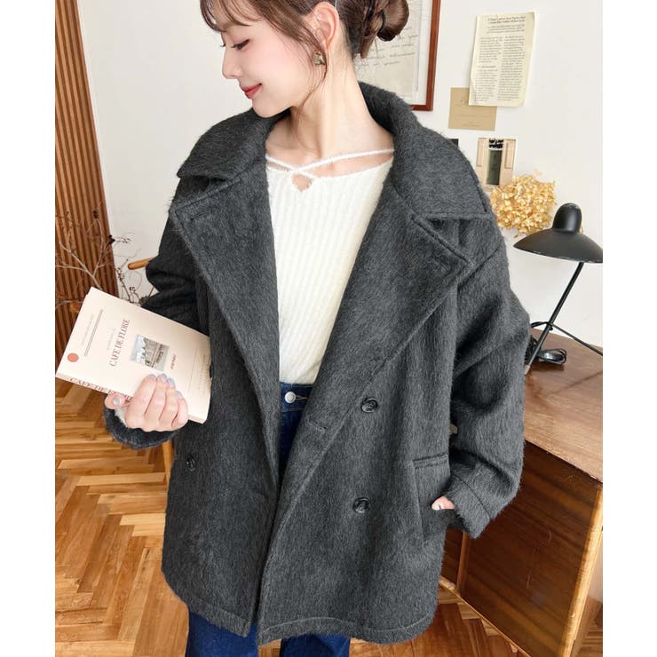 2WAYアレンジカラーミドル丈ニットシャギーPコートジャケット[品番