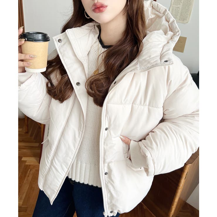 今季新作！あったかダブルジップチェックファイバーショートダウン！アイボリー 今季新作！あったかダブルジップチェックファイバーショートダウン