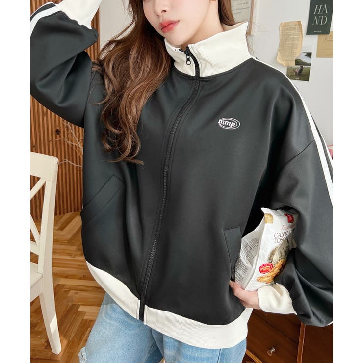 ブラック | ロゴ刺繍トラックジャケット | moment+