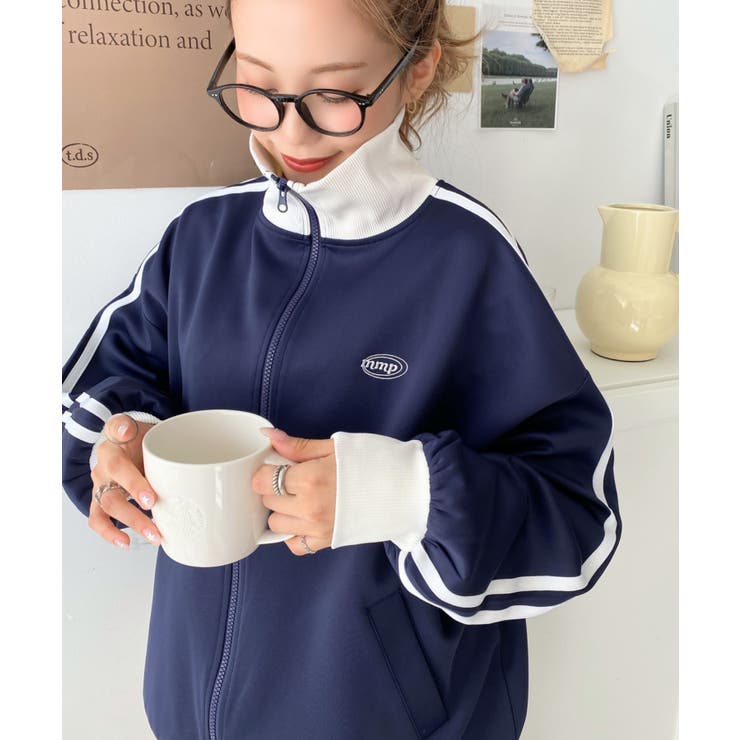 ネイビー | ロゴ刺繍トラックジャケット | moment+