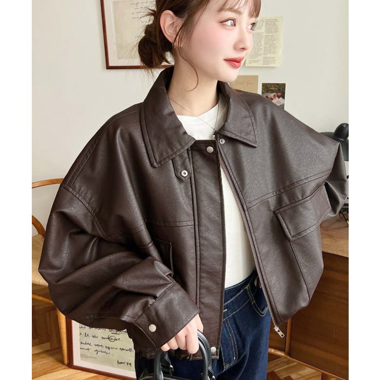 ヴィンテージライクマットフェイクレザー2WAYカラーショートブルゾン | moment+ | 詳細画像23 