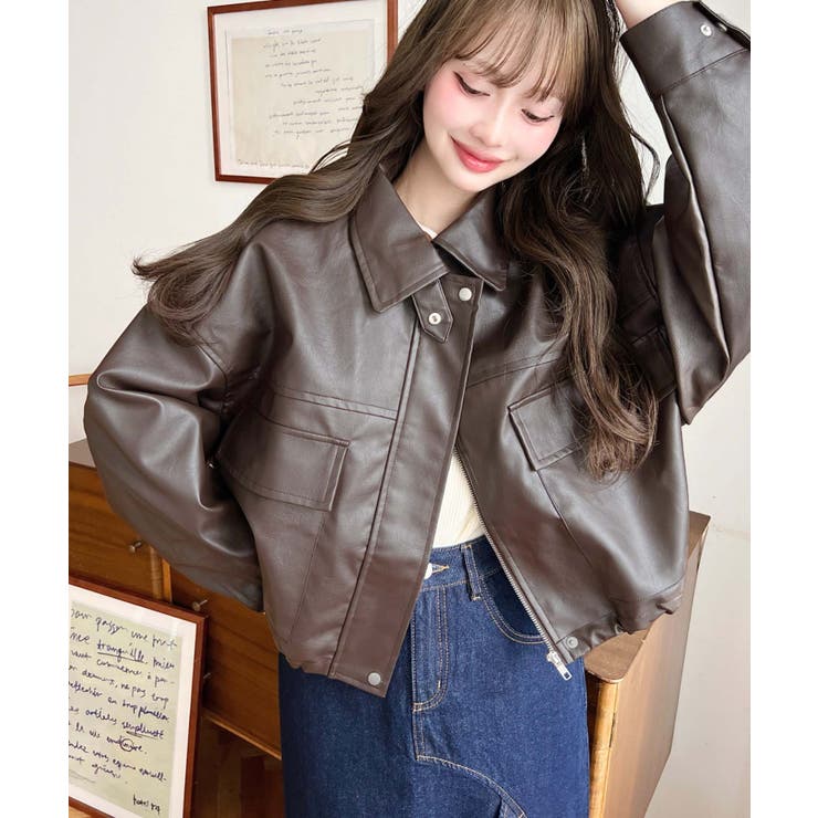 ヴィンテージライクマットフェイクレザー2WAYカラーショートブルゾン | moment+ | 詳細画像31 