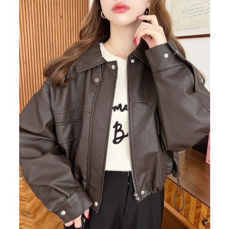 フェイクレザーフリルスリーブショートブルゾン新品未使用 ヤマダヤ 2WAY 】スタンドカラーベルテッドフェイクレザーショート