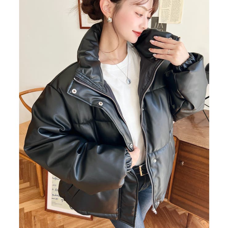 スタンドカラーファイバーダウンソフトフェイクレザーブルゾン | moment+ | 詳細画像14 