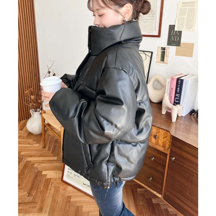 スタンドカラーファイバーダウンソフトフェイクレザーブルゾン | moment+ | 詳細画像15 