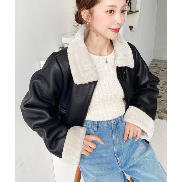 フェイクレザー×フェイクファームートンショートブルゾン[品番