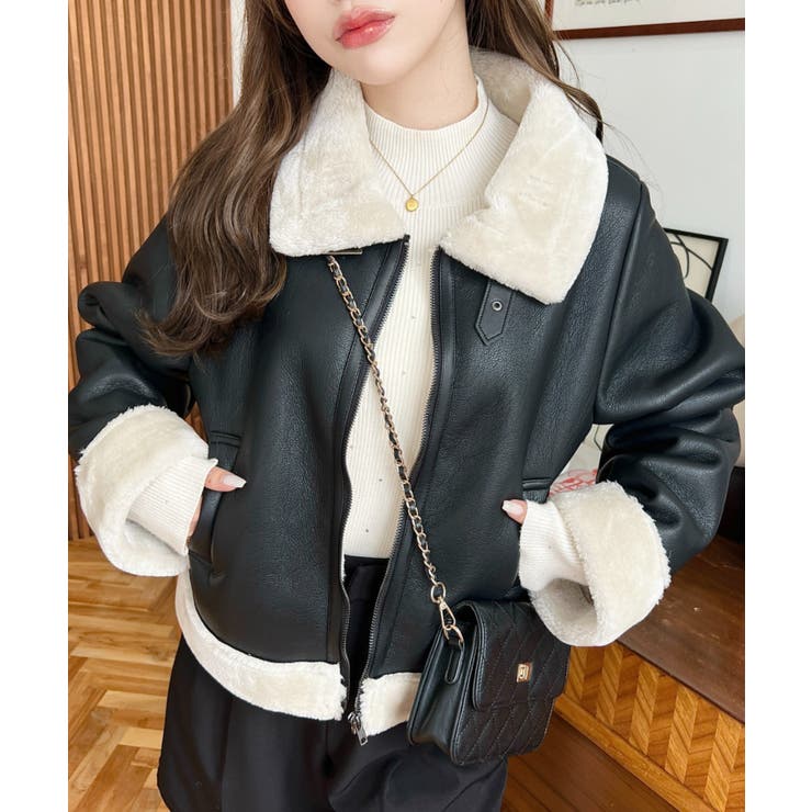 フェイクレザー×フェイクファームートンショートブルゾン[品番