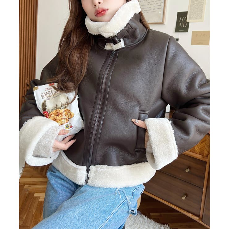 フェイクレザー×フェイクファームートンショートブルゾン[品番