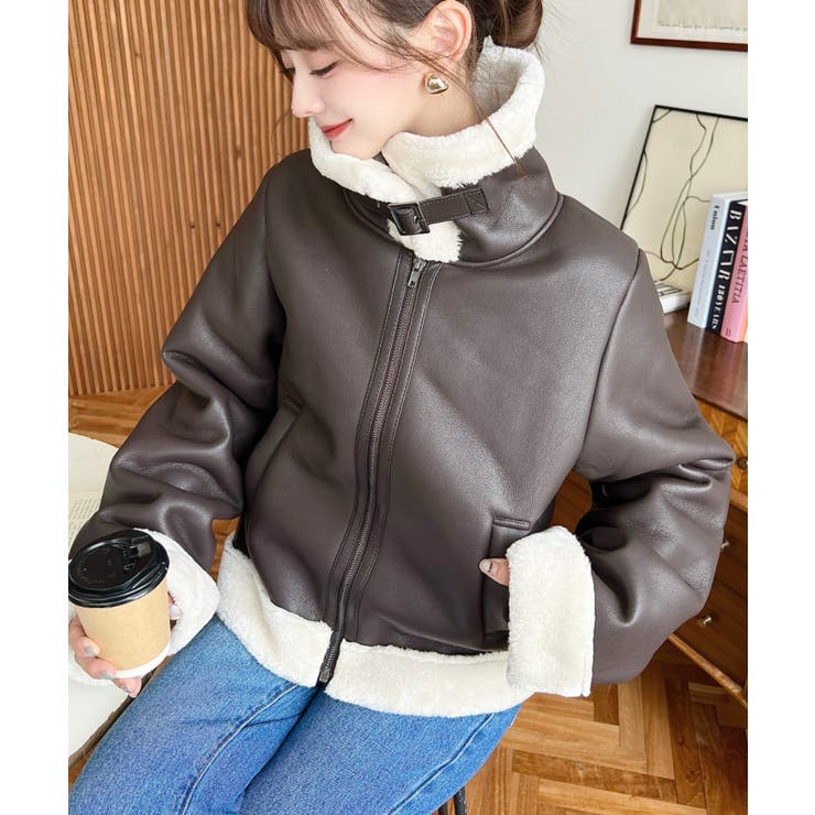フェイクレザー×フェイクファームートンショートブルゾン[品番